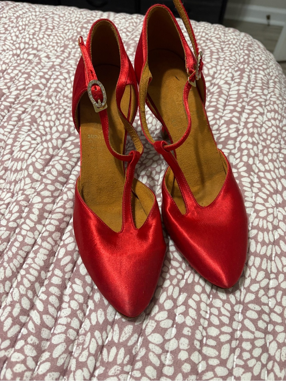 Satin Red Pointed T‑Strap Heels with Ankle Buckle